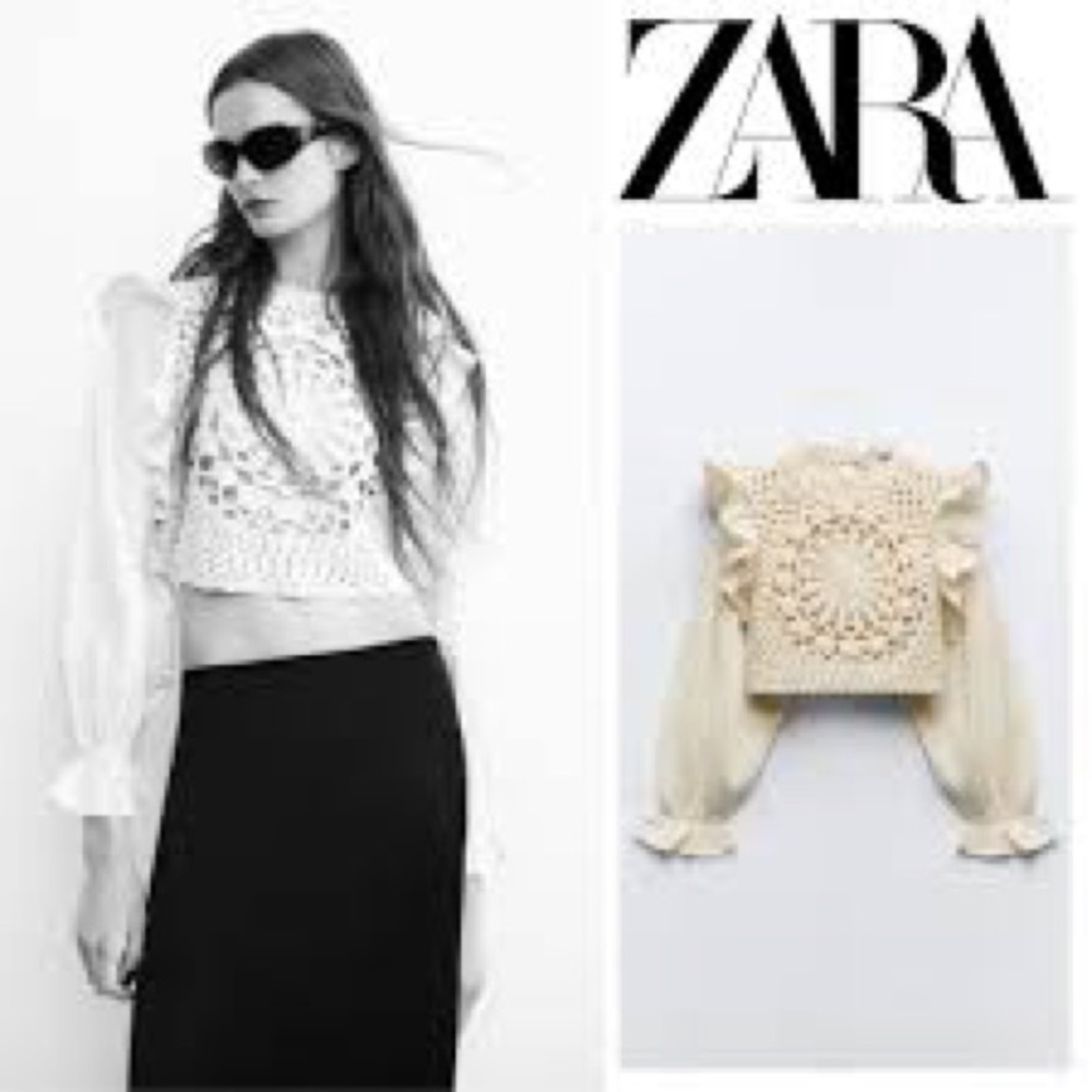 BNWT ZARA NEW WOMAN CONTRAST KNIT TOP WITH RUFFLED SLEEVES ECRU 7200/100
